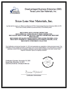 Texas Lone Star Materials DBE Certification 2019-2020