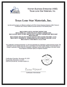 Texas Lone Star Materials WBE Certification 2019-2020